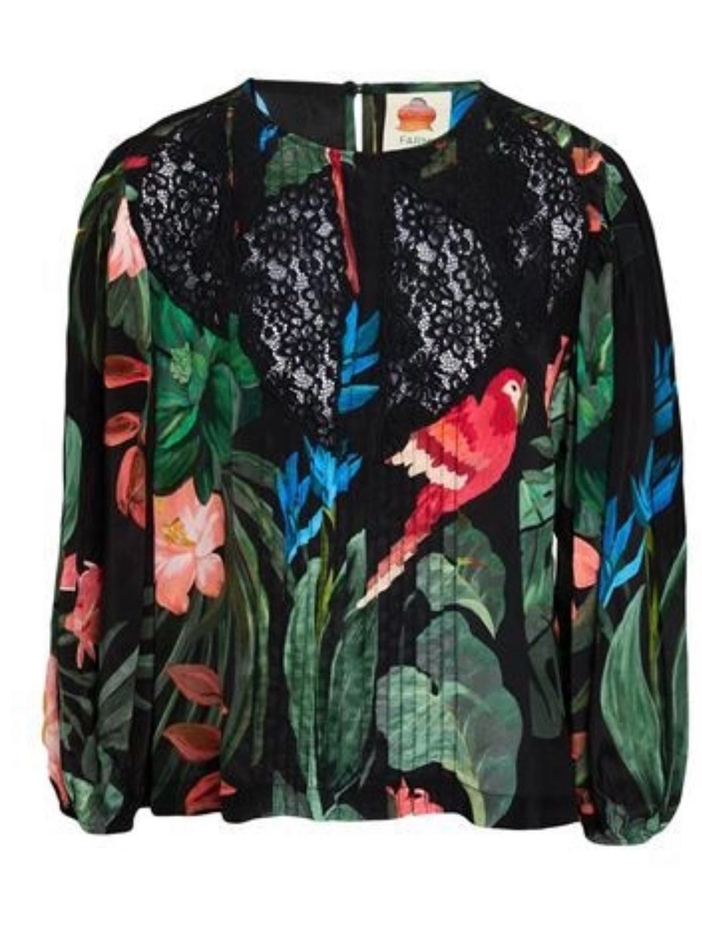 FARM Rio Black Tropical Parrot Lace-Yoke Blouse